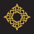 Golden glittering logo template in Celtic knots style on black background. Symbol in rhombus maze form